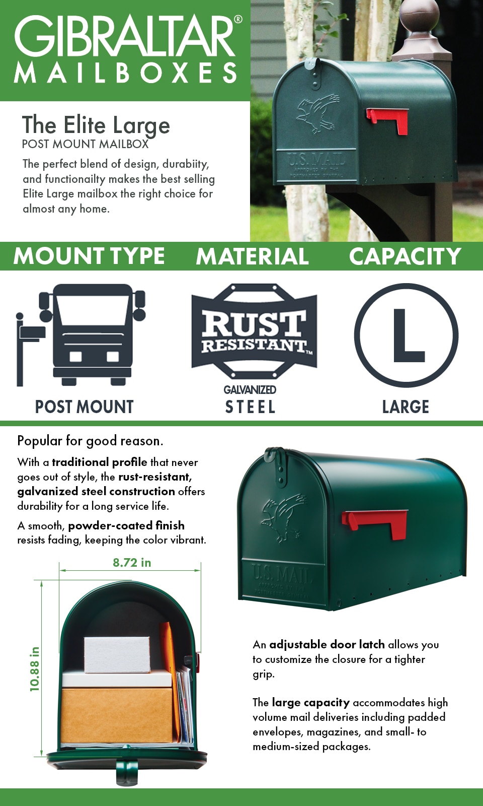 Gibraltar Mailboxes Elite Large, Steel, Post Mount Mailbox, Green